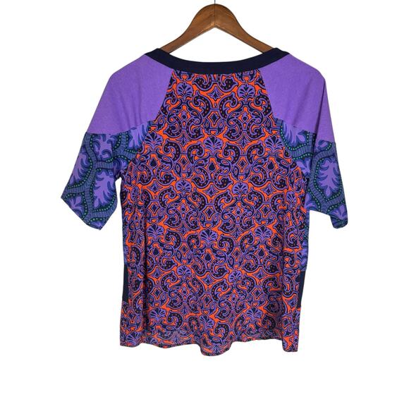 Tracy Reese 100% Silk Purple Pattern 3/4 Sleeve Lightweight Breezy Colorful Top - Picture 9 of 11
